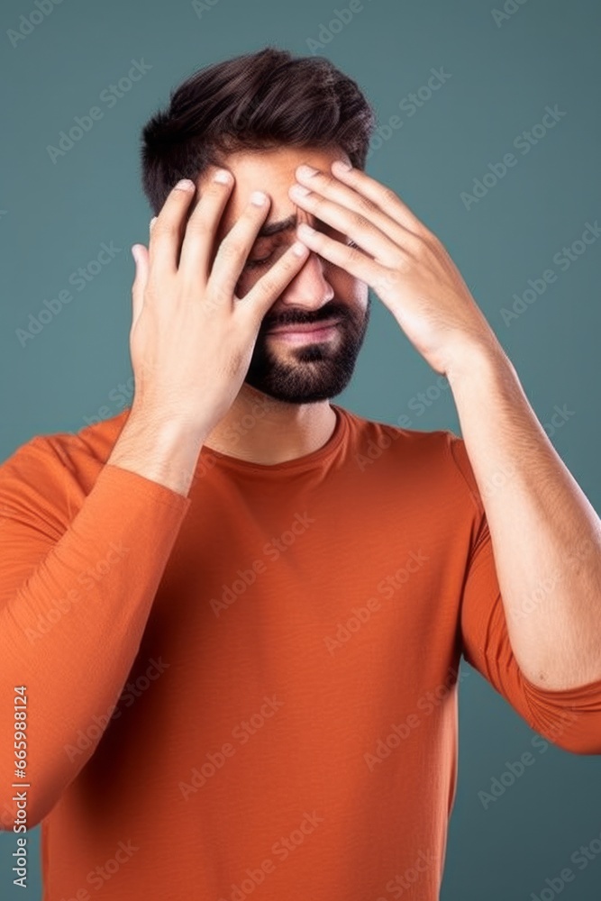 Tired young man keeps hand on forehead, handsome guy wearing orange casual shirt, posing with closed eyes over blue studio background, suffers from headache. Stress or problem concept. Tired young man keeps hand on forehead, handsome guy wearing orange casual shirt, posing with closed eyes over blue studio background, suffers from headache. Stress or problem concept.