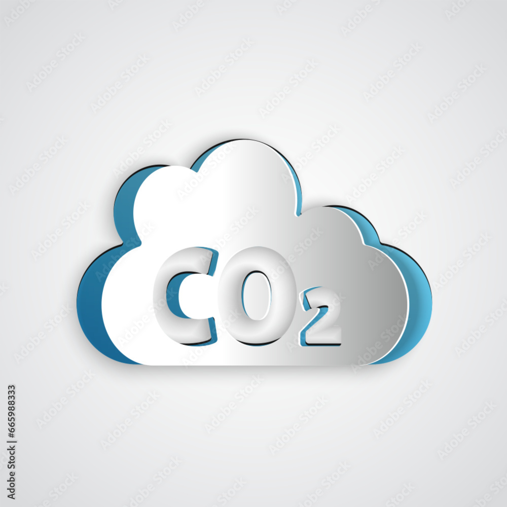 Paper cut CO2 emissions in cloud icon isolated on grey background. Carbon dioxide formula, smog pollution concept, environment concept. Paper art style. Vector Paper cut CO2 emissions in cloud icon isolated on grey background. Carbon dioxide formula, smog pollution concept, environment concept. Paper art style. Vector