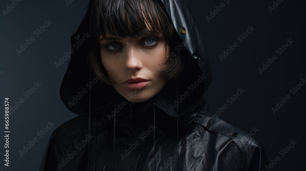 The face of a beautiful woman in a hood. Fashion and beauty. Mystery. The face of a beautiful woman in a hood. Fashion and beauty. Mystery.