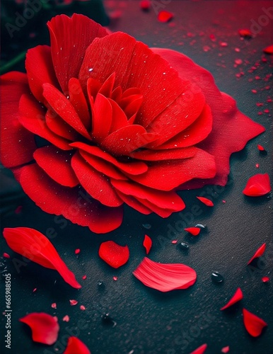 a close-up of a vibrant red rose, with water droplets delicately resting on its petals. photo