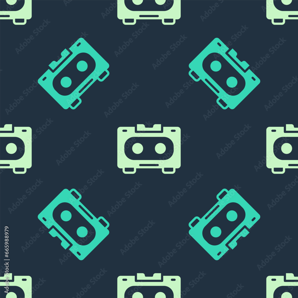 Green and beige Retro audio cassette tape icon isolated seamless pattern on blue background. Vector Green and beige Retro audio cassette tape icon isolated seamless pattern on blue background. Vector