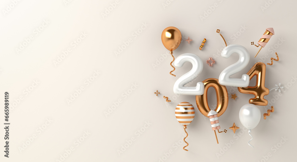 Happy new year 2024 decoration background with balloon, firework rocket, copy space text, 3D rendering illustration