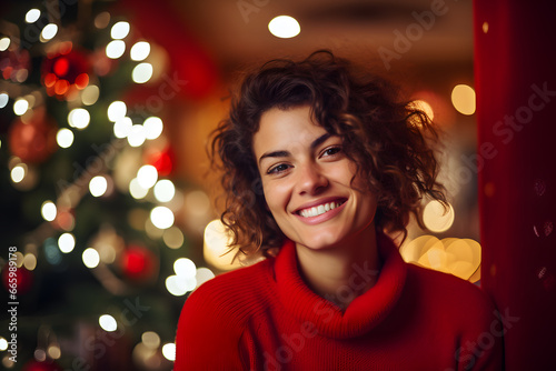 Beautiful natural girl in a red sweater smiling at a Christmas or New Year celebration. Dreamy festive interior background with shiny sparkling lights on a Christmas tree