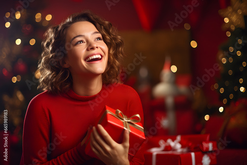 Beautiful happy woman in a red sweater smiling at a Christmas eve or New Year celebration at home, holding a red present box. Festive interior with Christmas tree decoration in background photo