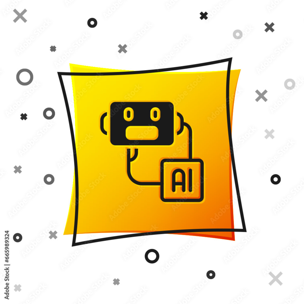 Black Artificial intelligence robot icon isolated on white background. Machine learning, cloud computing. Yellow square button. Vector