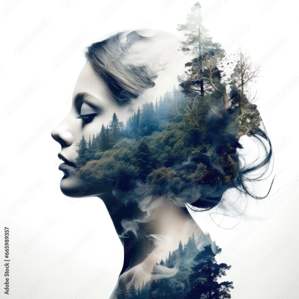 The image of a woman is mixed with the image of a forest and mountains. Abstract image of a woman. Environment. Unity with nature.