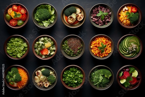Aerial view of nutritious food presented in bowls. Generative AI