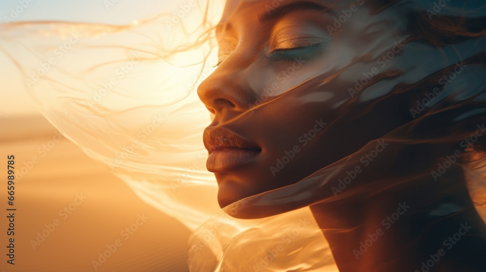 An image of a woman combined with a desert. Ethnicity and female beauty.