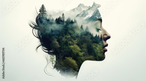 The image of a woman is mixed with the image of a forest and mountains. Abstract image of a woman. Environment. Unity with nature.