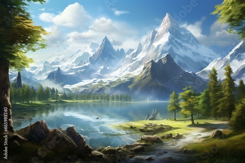 An artwork depicting a scenic mountain landscape featuring a serene lake and majestic mountains in the distance. Generative AI © Aisha