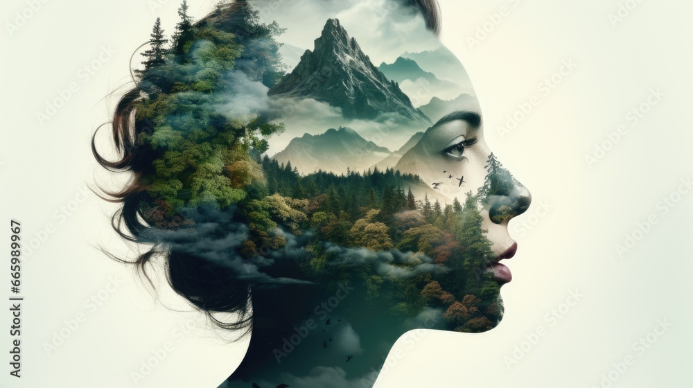 The image of a woman is mixed with the image of a forest and mountains. Abstract image of a woman. Environment. Unity with nature. The image of a woman is mixed with the image of a forest and mountains. Abstract image of a woman. Environment. Unity with nature.