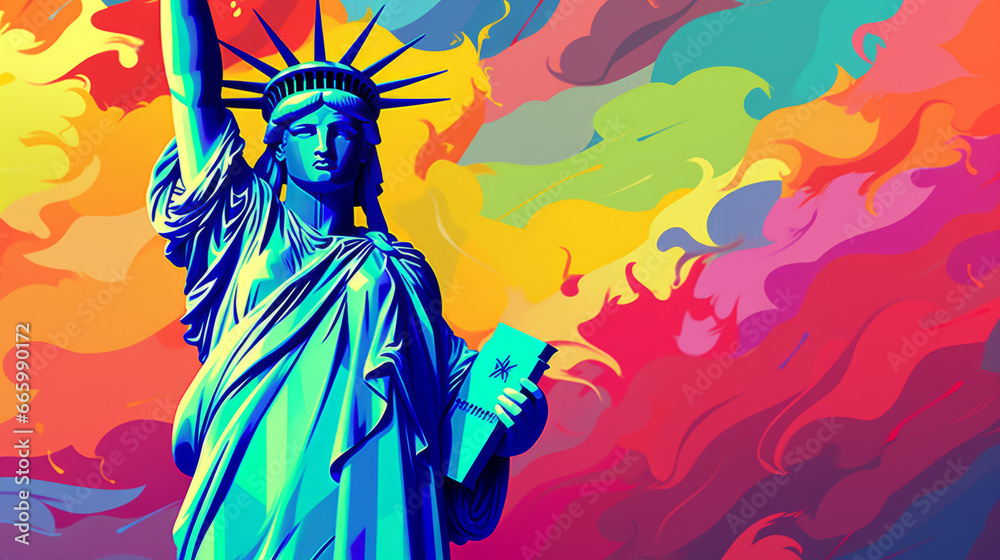 Fototapeta premium LGBTQ+ Statue of liberty with flag