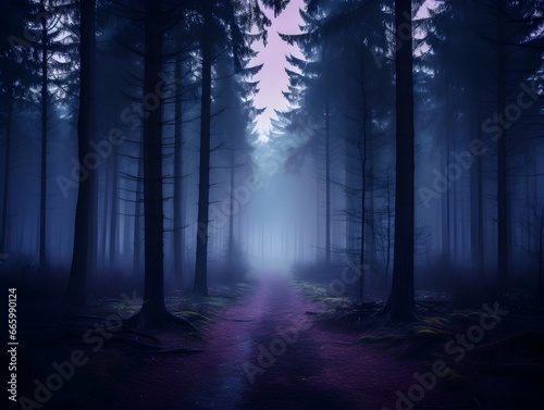 Dark forest with fog and beautiful colors  hazy forest  Horror forest background  forest surrounded by dense trees  road or path through dark forest