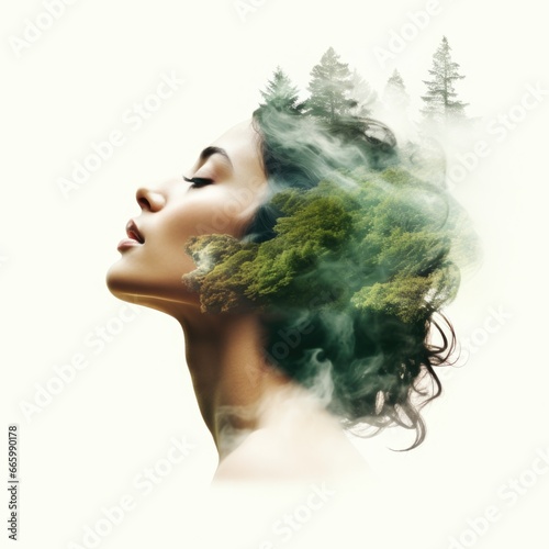 The image of a woman is mixed with the image of a forest and mountains. Abstract image of a woman. Environment. Unity with nature.