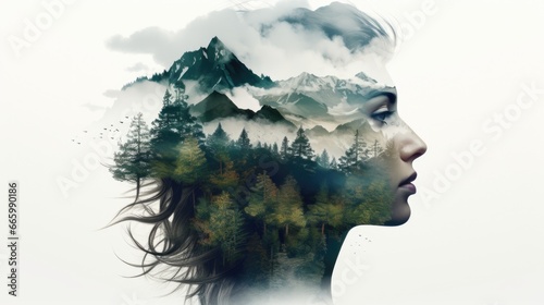 The image of a woman is mixed with the image of a forest and mountains. Abstract image of a woman. Environment. Unity with nature. © Restyler