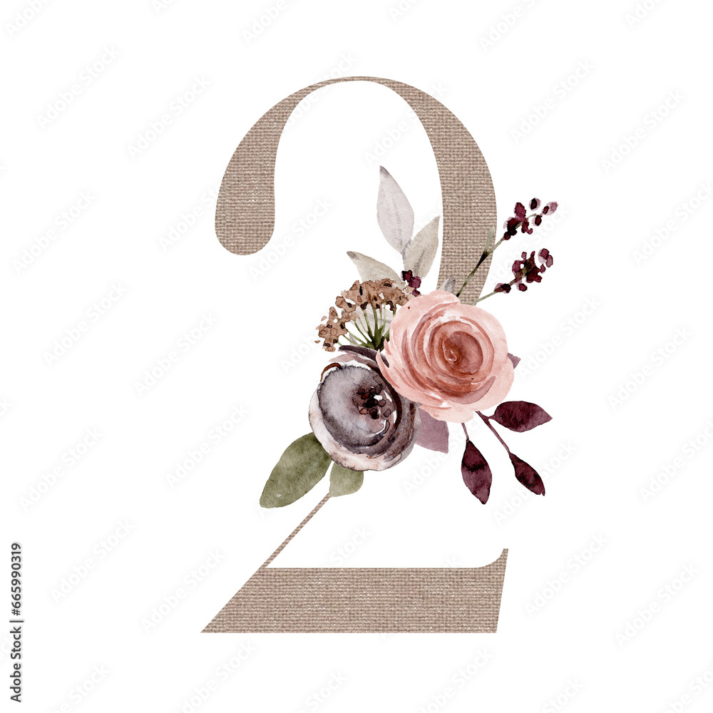 Two Flower Design Number 2, two with watercolor flowers hand painting, linen texture ...