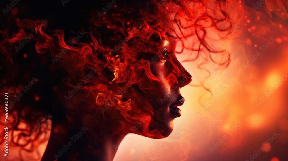 A woman's profile image combined with fire. Feelings and emotions concept.