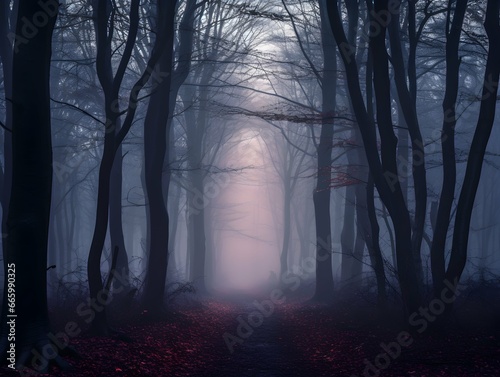 Dark forest with fog and beautiful colors, hazy forest, Horror forest background, forest surrounded by dense trees, road or path through dark forest © Akilmazumder