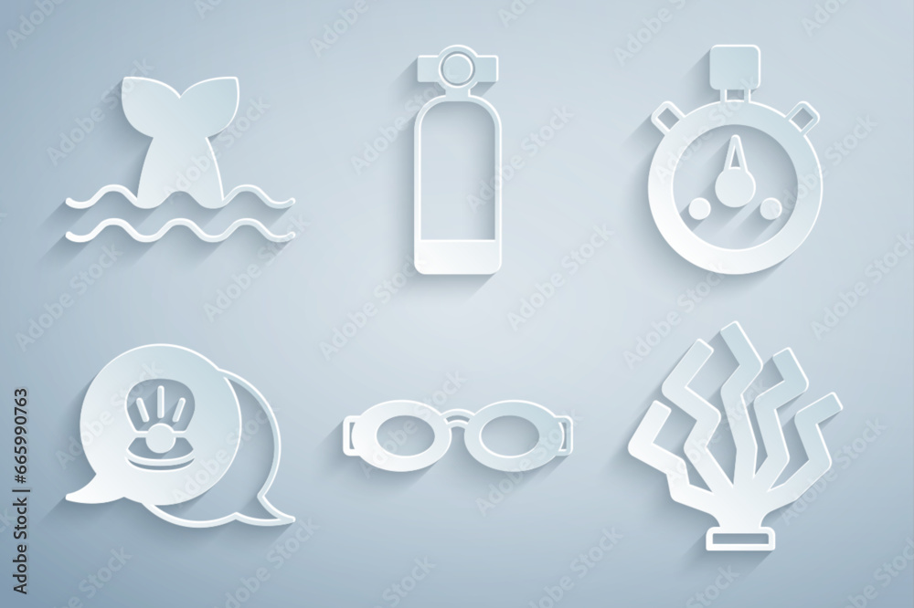 Set Glasses for swimming, Stopwatch, Scallop sea shell, Coral, Aqualung and Whale tail icon. Vector