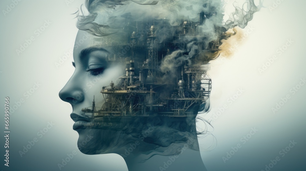 The woman's profile is combined with an image of the plant. Environmental pollution, industry.