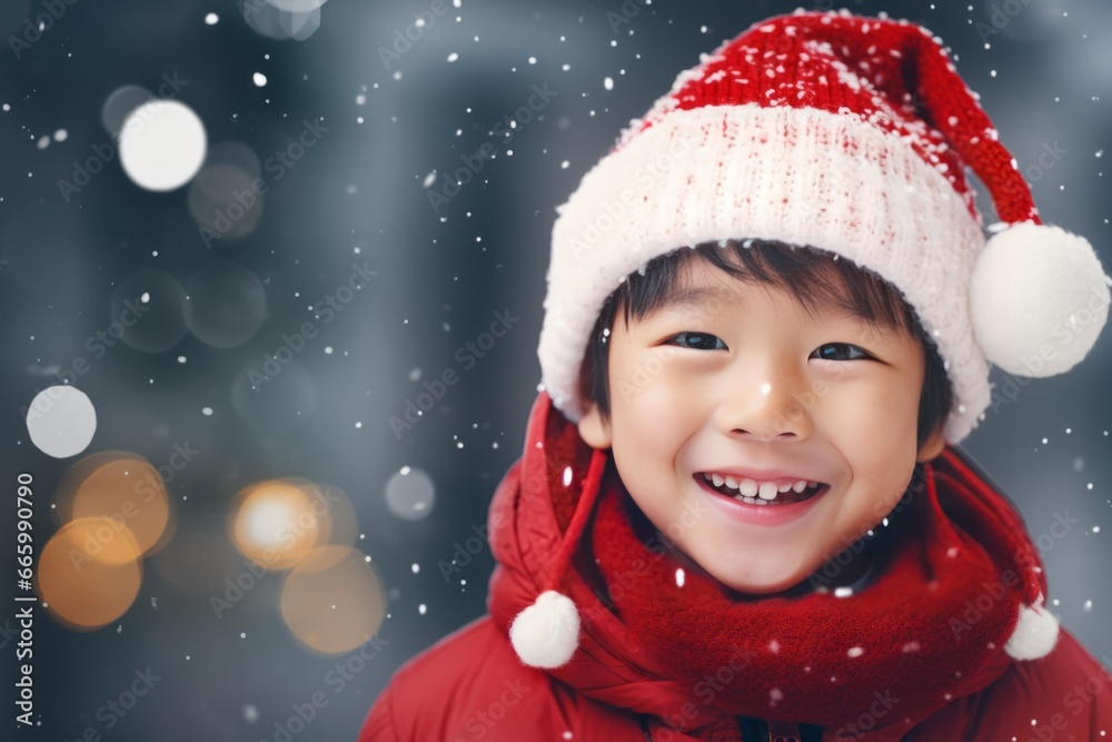 Winter holidays concept. Generative AI. Portrait of a child dressed in winter clothes, rejoicing in the first snow and winter. Asian boy at a Christmas market. Kid wearing Santa's red hat.