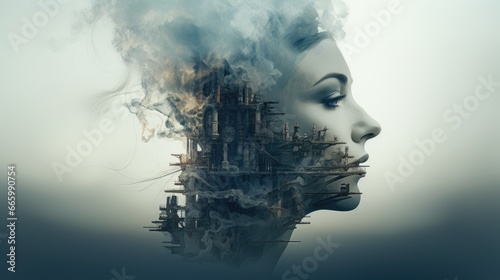 The woman's profile is combined with an image of the plant. Environmental pollution, industry. © Restyler