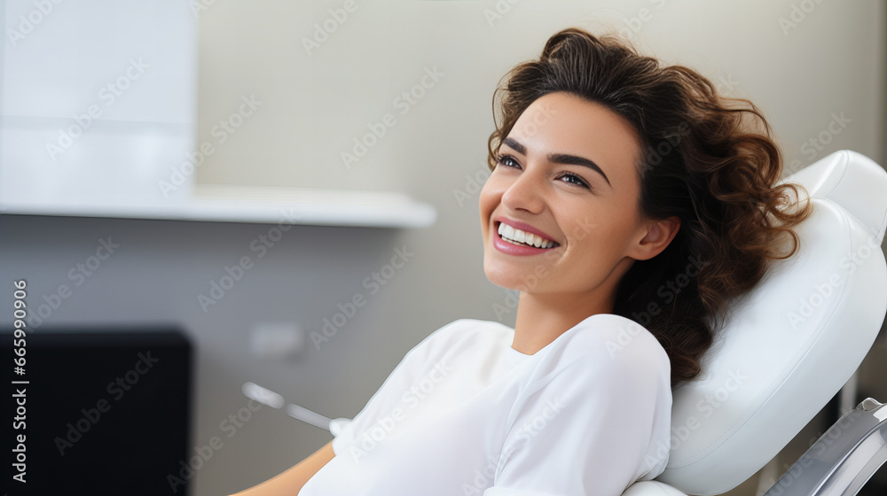 smiling brunette woman in white t-shirt sitting on a dentist's chair - obrazy, fototapety, plakaty 