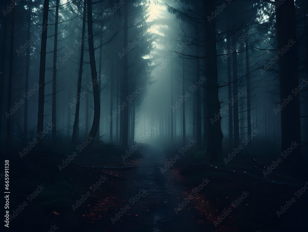 Dark forest with fog and beautiful colors, hazy forest, Horror forest background, forest surrounded by dense trees, road or path through dark forest