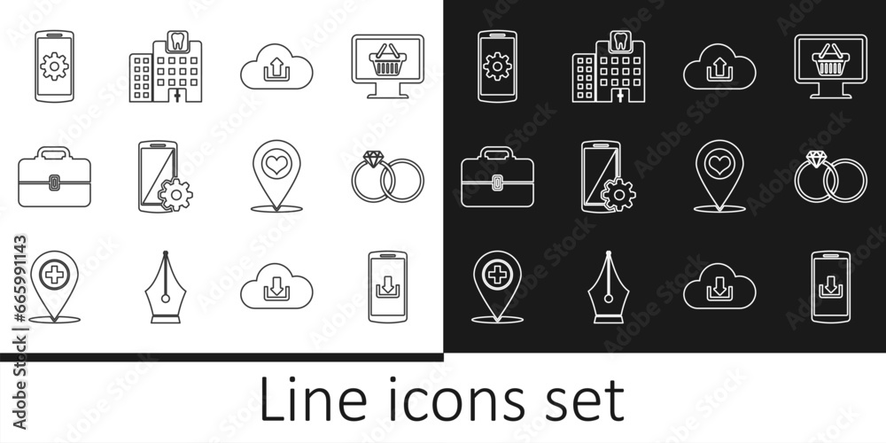 Set line Smartphone with download, Wedding rings, Cloud upload, Setting smartphone, Toolbox, Map pointer heart and Dental clinic icon. Vector
