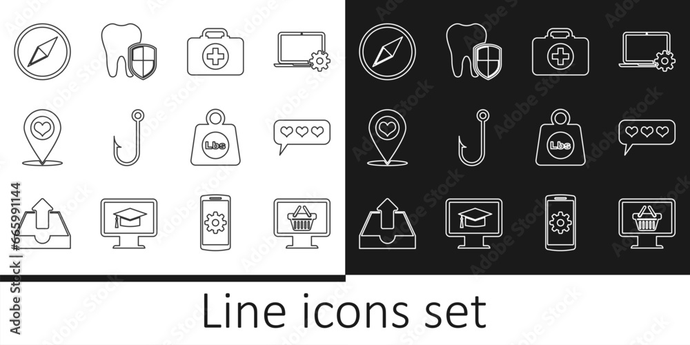 Set line Monitor with shopping basket, Like and heart, First aid kit, Fishing hook, Map pointer, Wind rose, Weight pounds and Dental protection icon. Vector Set line Monitor with shopping basket, Like and heart, First aid kit, Fishing hook, Map pointer, Wind rose, Weight pounds and Dental protection icon. Vector