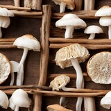 Basket with mushrooms. Mushrooms background. Generative AI. 