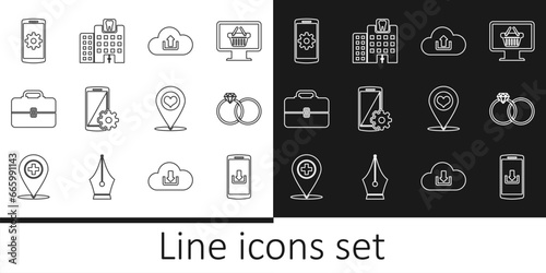 Set line Smartphone with download, Wedding rings, Cloud upload, Setting smartphone, Toolbox, Map pointer heart and Dental clinic icon. Vector