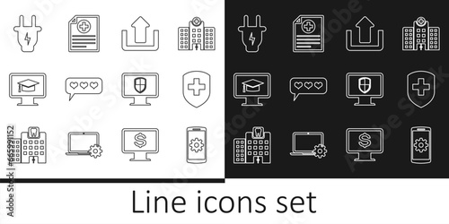 Set line Setting on smartphone, Medical shield with cross, Upload, Like and heart, Monitor graduation cap, Electric plug, and Clinical record icon. Vector