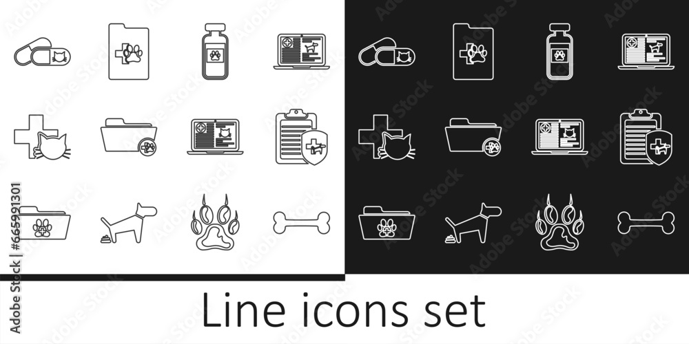 Set line Dog bone, Clinical record pet, Pets vial medical, Medical veterinary folder, Veterinary clinic, Cat and pills, cat laptop and icon. Vector
