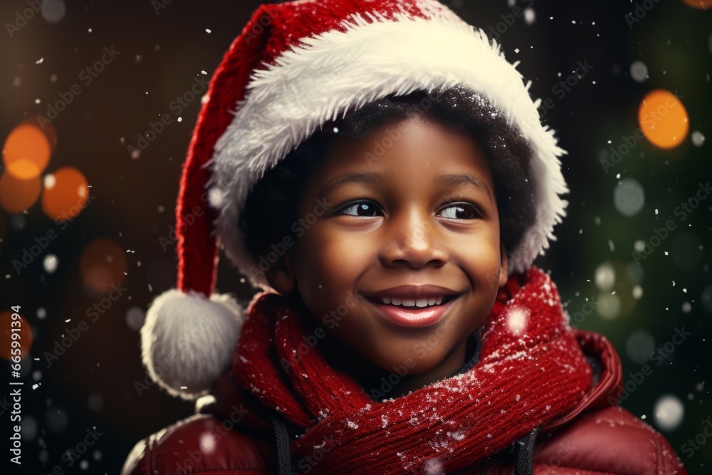 Winter holidays concept. Generative AI. Portrait of child in winter clothes, rejoicing in first snow and winter. Kid wearing Santa's red hat. Dark-skinned African-American boy at Christmas market. Winter holidays concept. Generative AI. Portrait of child in winter clothes, rejoicing in first snow and winter. Kid wearing Santa's red hat. Dark-skinned African-American boy at Christmas market.