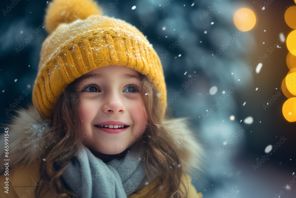 Winter holidays concept. Generative AI. Portrait of a child dressed in winter clothes, rejoicing in the first snow and winter. A European girl at a Christmas market.