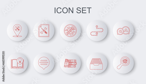 Set line Microorganisms under magnifier, Interesting facts, Stop virus, bacteria, Drawer with documents, Location service, File, Speech bubble chat and Office folders icon. Vector