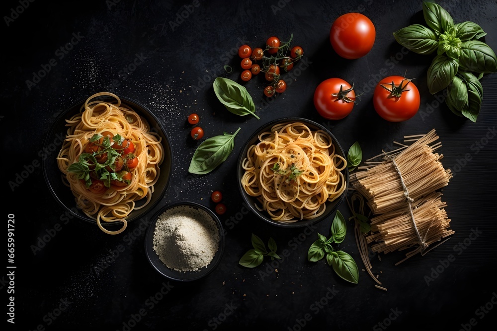 Uncooked raw Italian pasta, tomatoes, basil, cooking ingredients on wooden table. Italian spaghetti on dark black board background, above top view. Generative AI.	
