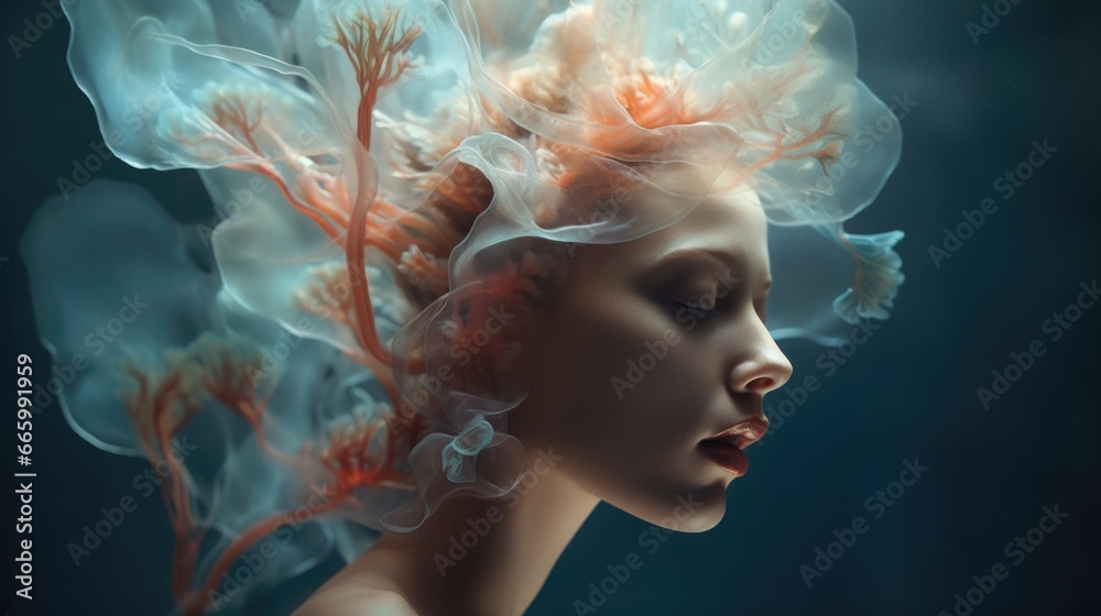 Portrait of a fictional woman with a jellyfish instead of hair. Marine nature. Abstract image of a woman. Portrait of a fictional woman with a jellyfish instead of hair. Marine nature. Abstract image of a woman.