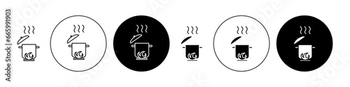Cooking pot icon set in black. boiling casserole symbol. steam saucepan symbol for Ui designs. photo