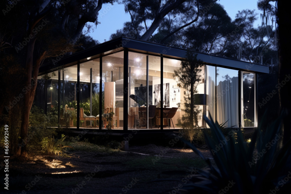 Experience the serenity of a modern house embraced by nature. A contemporary retreat in the heart of a peaceful natural landscape Created with generative AI tools.
