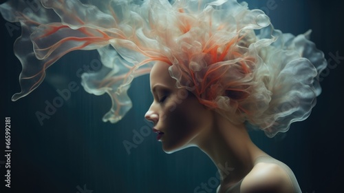 Portrait of a fictional woman with a jellyfish instead of hair. Marine nature. Abstract image of a woman.