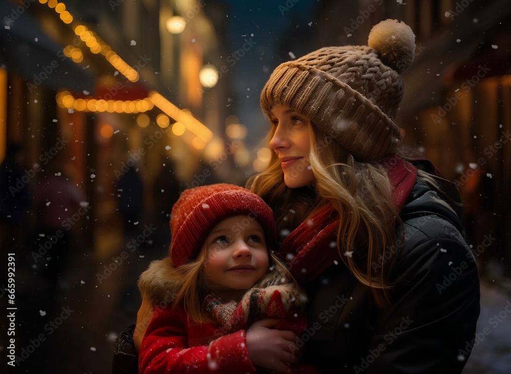 Mother and daughter are walking together on a city street on Christmas eve.