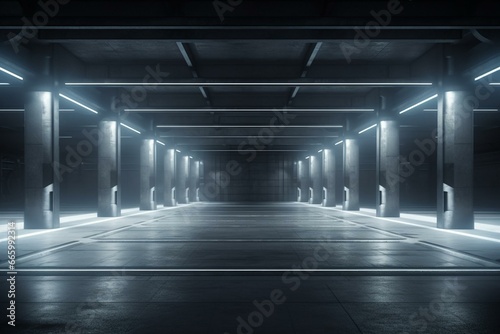 Futuristic underground parking, corridor, warehouse with ambient lighting. Empty stage, gray neon room with concrete, columns, and windows. Generative AI © Charles