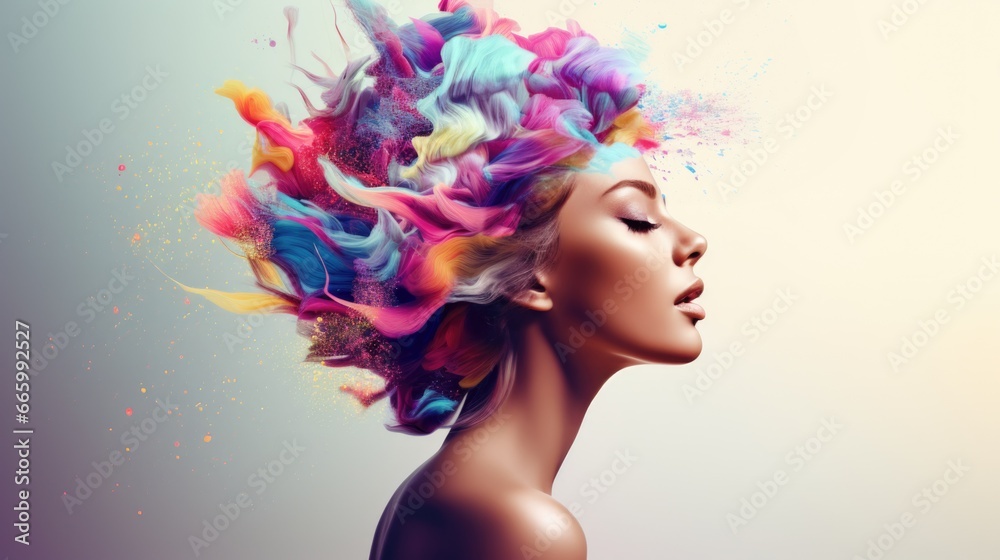 An image of a woman with a multi-colored cloud instead of hair. Creative thinking, creative ideas, brainstorming.
