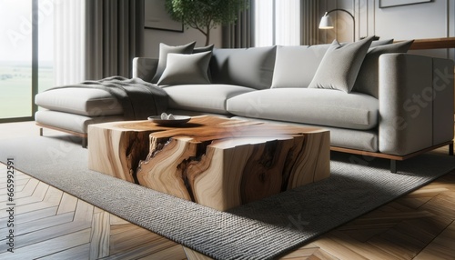 Photo of a modern living room, where the centerpiece is a live edge wooden coffee table placed next to a stylish sofa