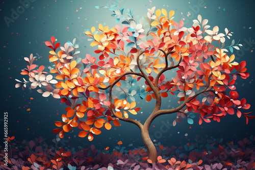 Colorful tree with leaves on hanging branches illustration background. 3d abstraction wallpaper . Floral tree with multicolor leaves  © Designcy Studio