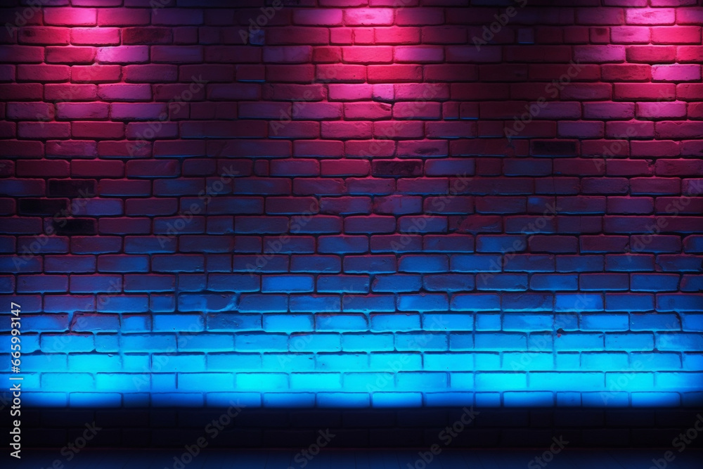 Neon light on brick walls that are not plastered background and texture. Lighting effect red and blue neon background Neon light on brick walls that are not plastered background and texture. Lighting effect red and blue neon background