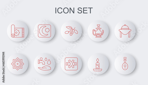 Set line Lute, Octagonal star, Date fruit, Burning candle, Traditional carpet, Star crescent, Wudhu and No sweets icon. Vector