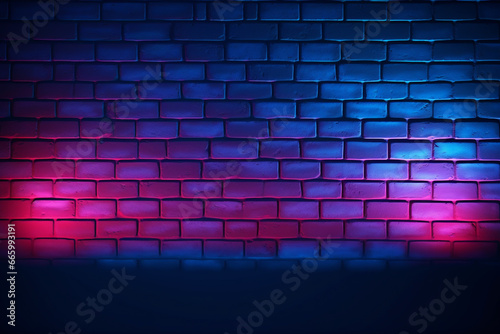 Neon light on brick walls that are not plastered background and texture. Lighting effect red and blue neon background 